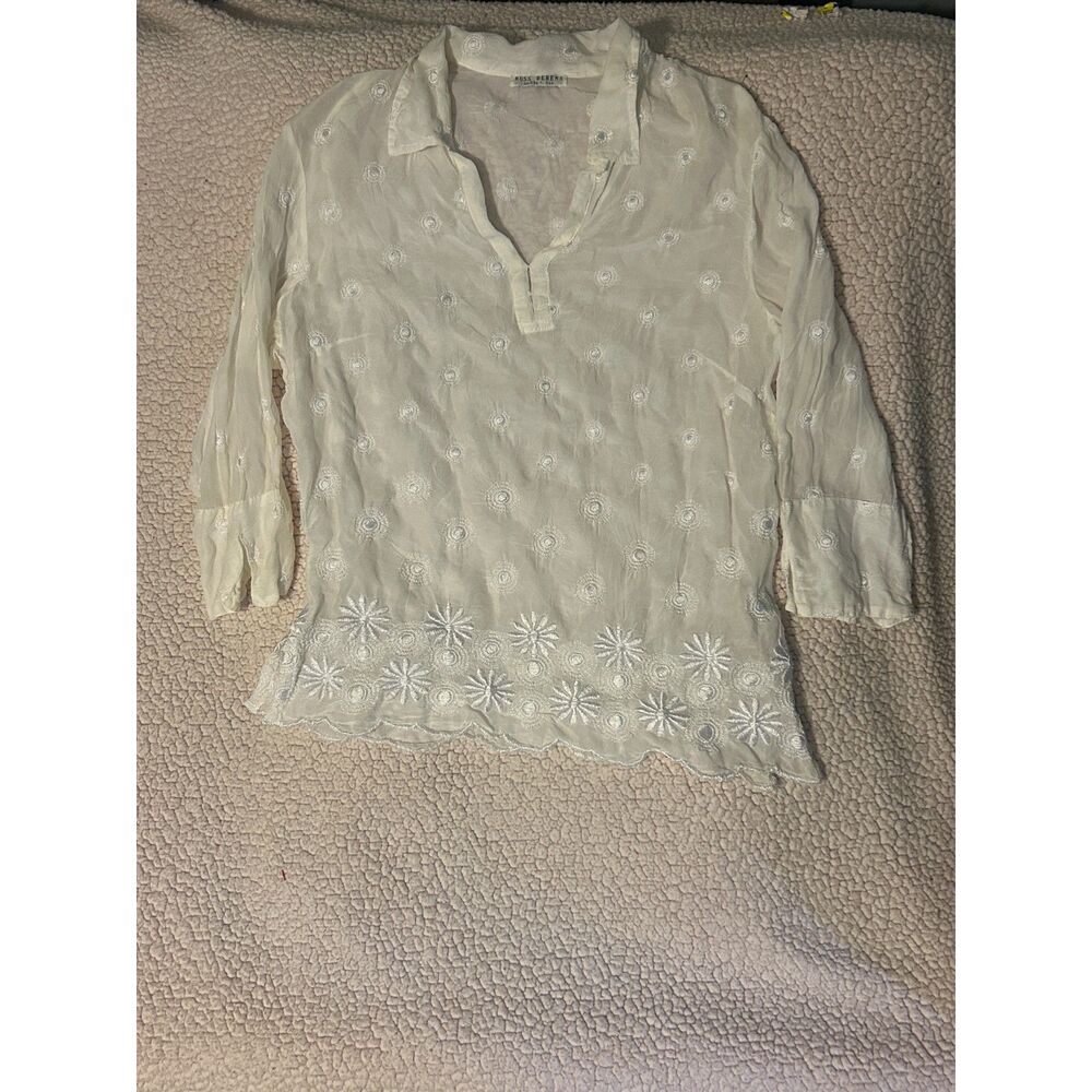 Coquette Coastal Boho Vintage 90s Russ Berens White Embroidered Blouse Top S